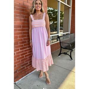 Entro Sundress Sleeveless Maxi Dress Peach Pink Striped Whimsy tiered cottage L